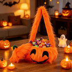 19.68'' Halloween Plush Toy Pumpkin Candy Bag Fluffy Plush Pumpkin Shoulder Handbag for Halloween Party Supplies