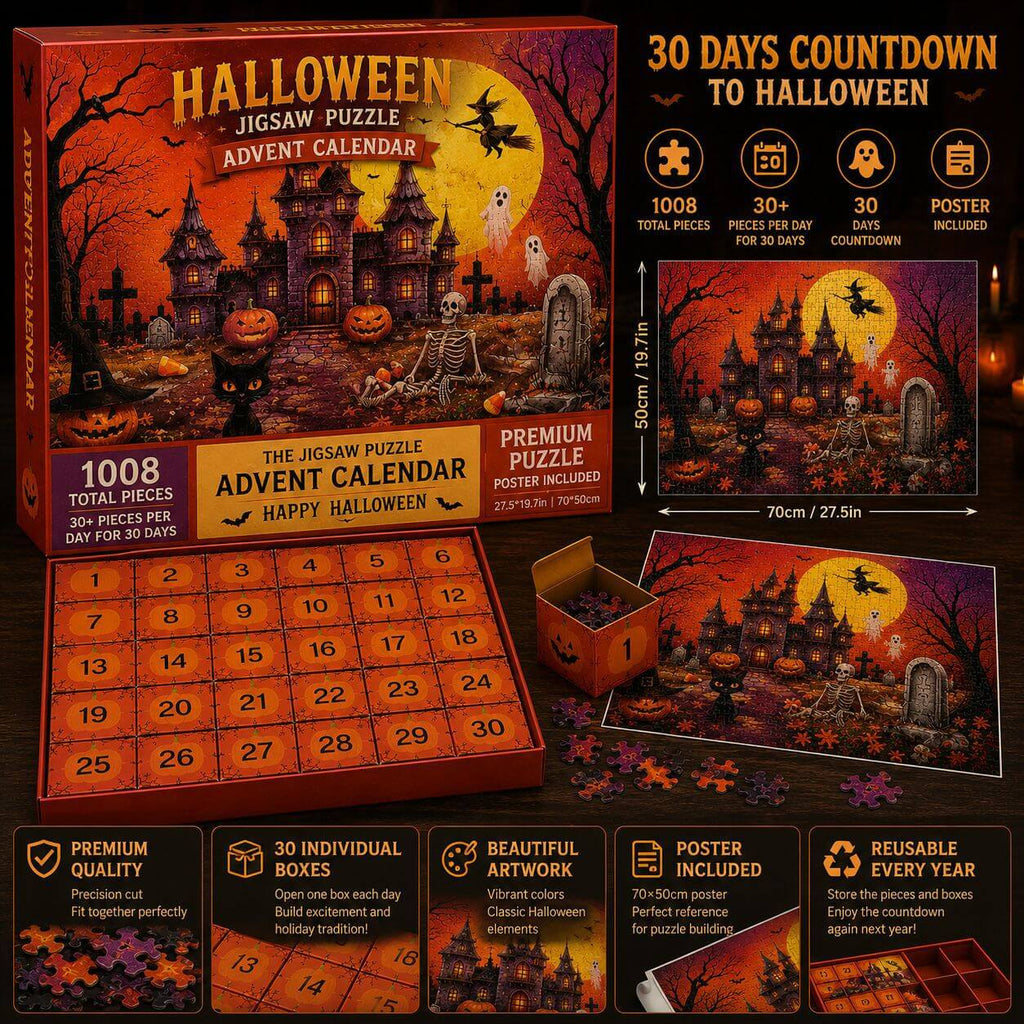 Halloween Puzzle Advent Calendar 1008pcs Haunted Castle Count‑Down Puzzle Gift Set With 30 Mini Blind Boxes