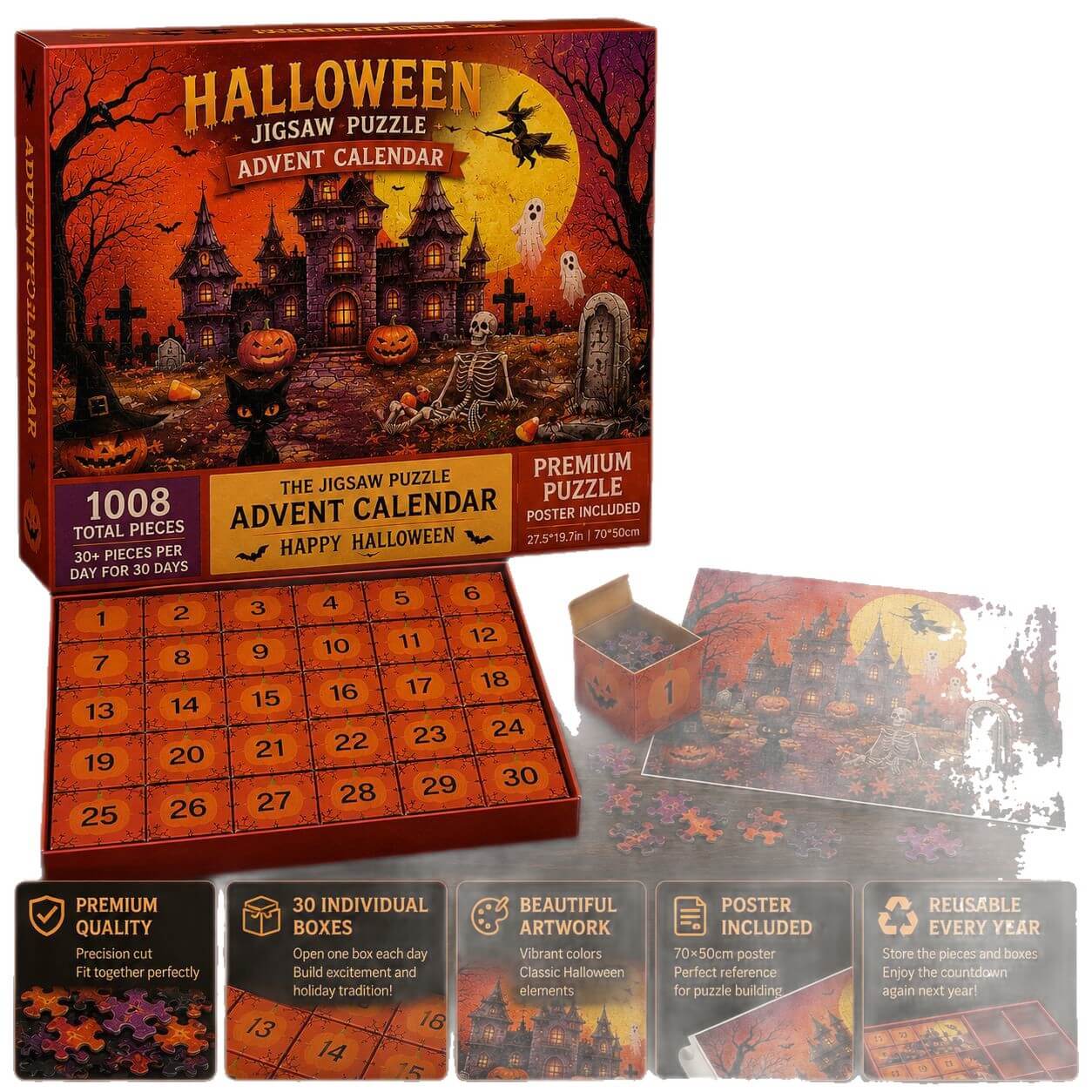 Halloween Puzzle Advent Calendar 1008pcs Haunted Castle Count‑Down Puzzle Gift Set With 30 Mini Blind Boxes