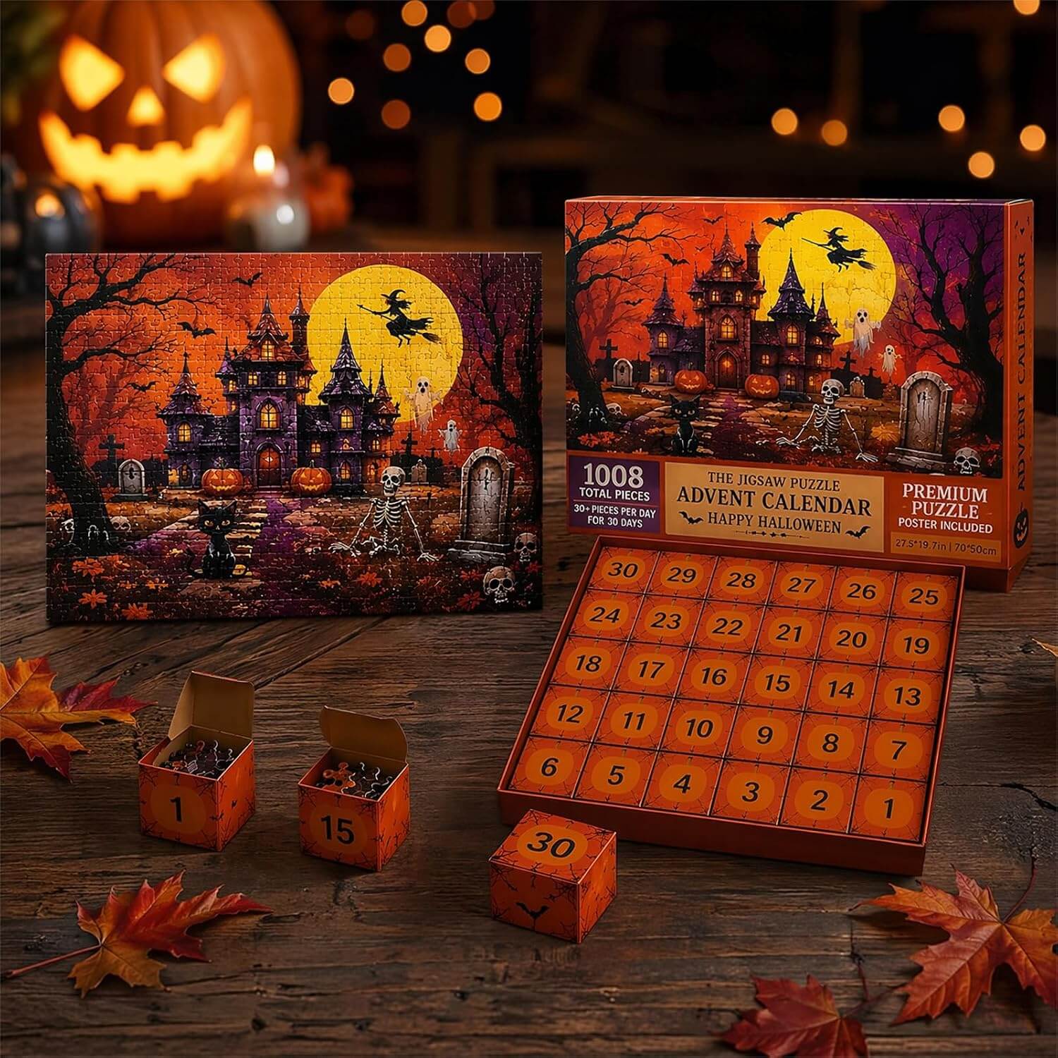 Halloween Puzzle Advent Calendar 1008pcs Haunted Castle Count‑Down Puzzle Gift Set With 30 Mini Blind Boxes