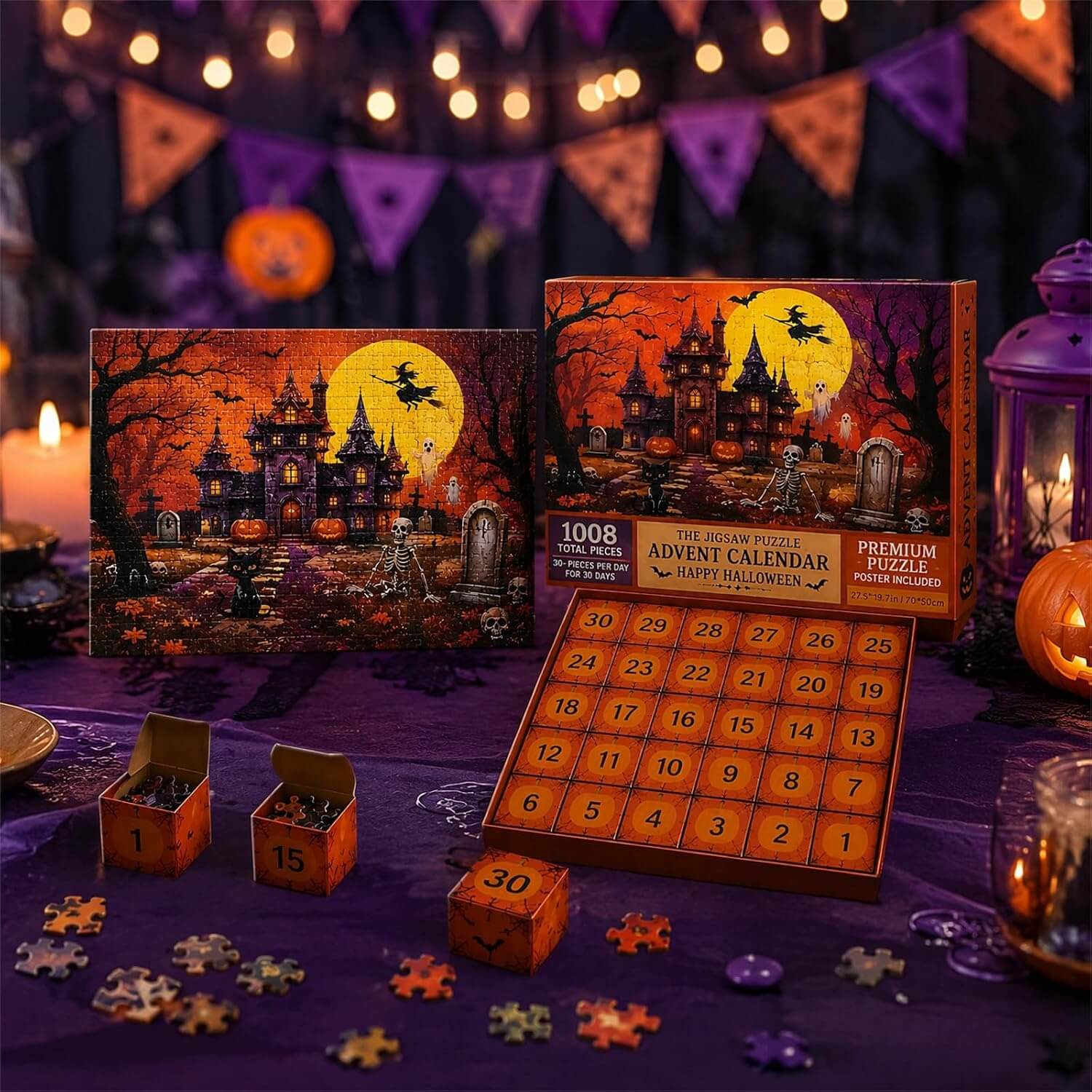 Halloween Puzzle Advent Calendar 1008pcs Haunted Castle Count‑Down Puzzle Gift Set With 30 Mini Blind Boxes