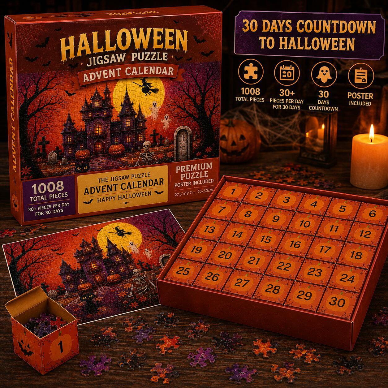 Halloween Puzzle Advent Calendar 1008pcs Haunted Castle Count‑Down Puzzle Gift Set With 30 Mini Blind Boxes