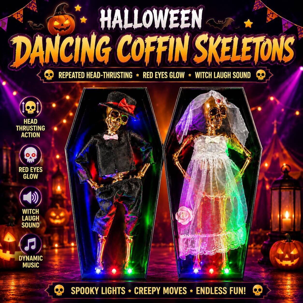 Halloween Skeleton Dancing Coffin Skeleton with Lights and Music for Halloween Decoration