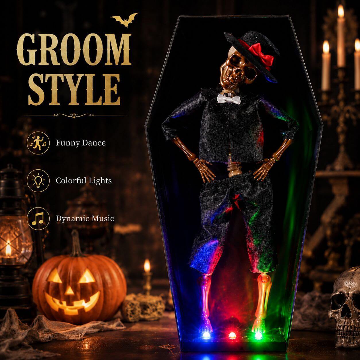 Halloween Skeleton Dancing Coffin Skeleton with Lights and Music for Halloween Decoration
