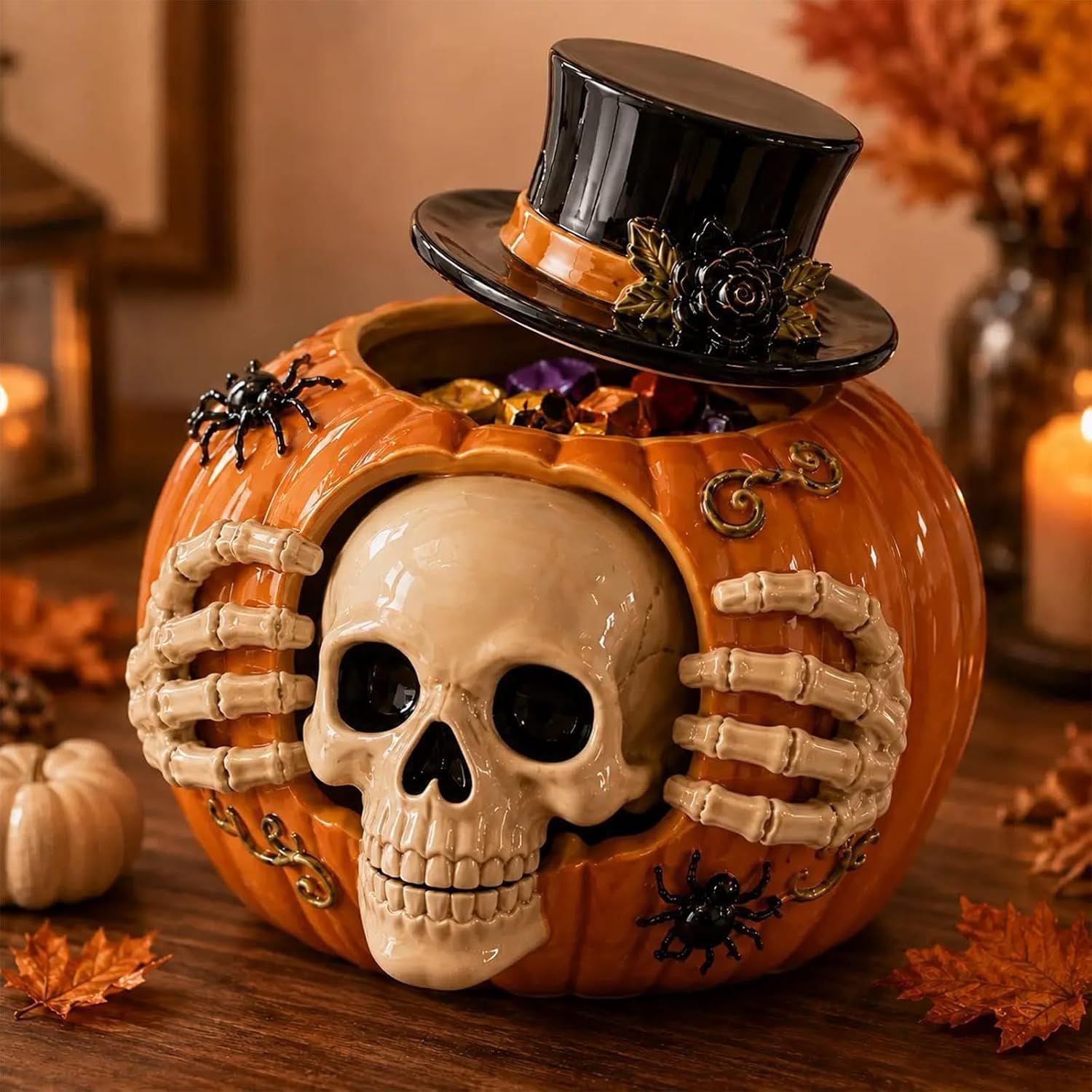 Halloween Skull Pumpkin Candy Jar with Removable Lid Spooky Skeleton Hand Pumpkin Treat Jar for Party Decor