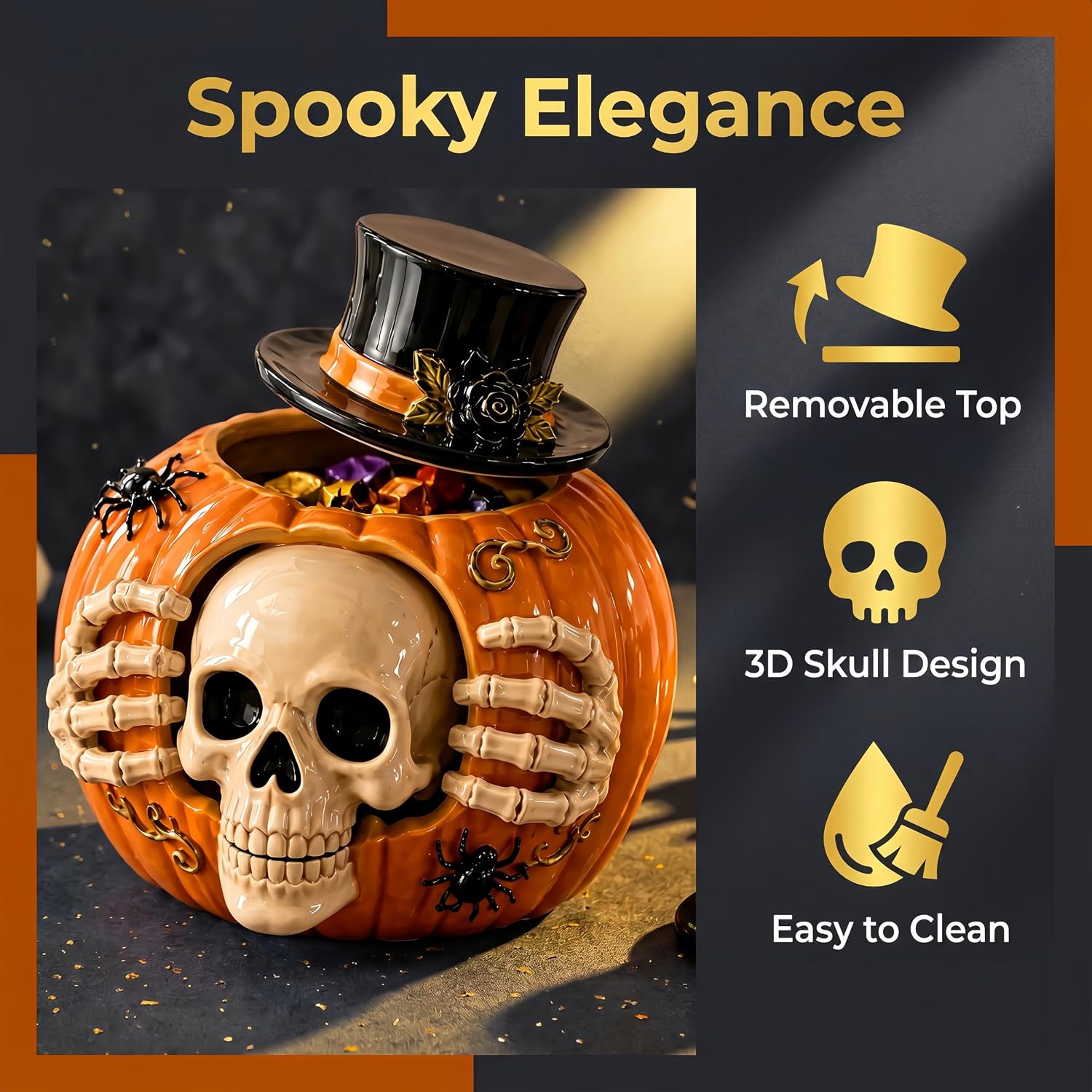 Halloween Skull Pumpkin Candy Jar with Removable Lid Spooky Skeleton Hand Pumpkin Treat Jar for Party Decor
