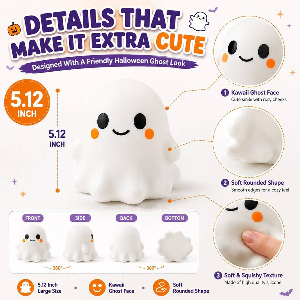 5.12'' Halloween Squishies Cute Ghost Squishy Toy Stress Relief Silicone Fidget Toy for Party Favors & Gifts