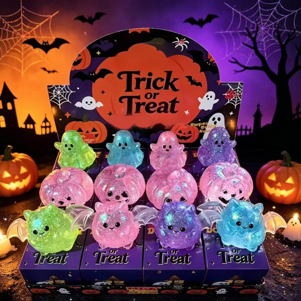 Halloween Squishies Glitter Squishy Toy Set Ghost Pumpkin Bat Transparent Squeeze Toys for Kids and Adults