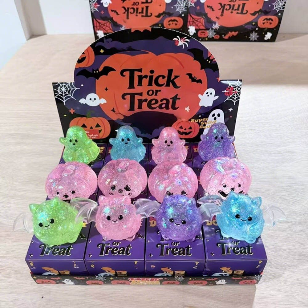 Halloween Squishies Glitter Squishy Toy Set Ghost Pumpkin Bat Transparent Squeeze Toys for Kids and Adults
