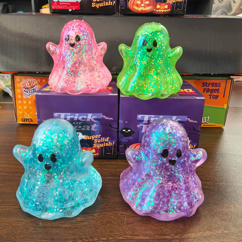 Halloween Squishies Glitter Squishy Toy Set Ghost Pumpkin Bat Transparent Squeeze Toys for Kids and Adults