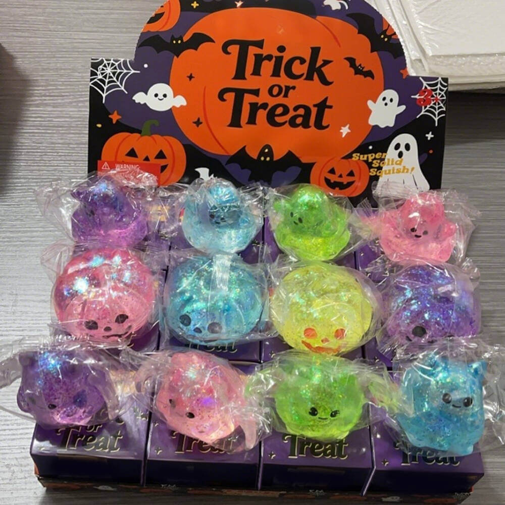 Halloween Squishies Glitter Squishy Toy Set Ghost Pumpkin Bat Transparent Squeeze Toys for Kids and Adults