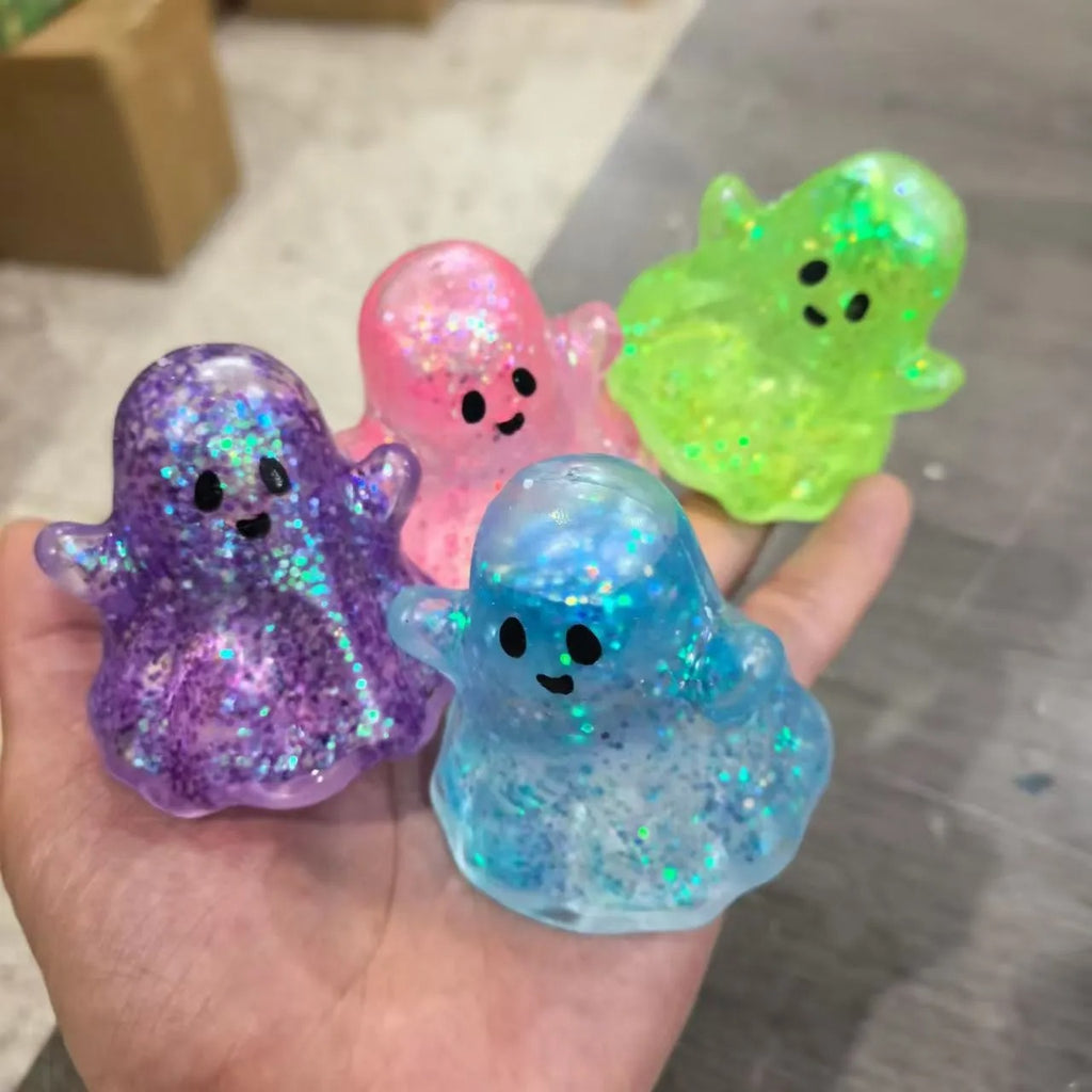 Halloween Squishies Glitter Squishy Toy Set Ghost Pumpkin Bat Transparent Squeeze Toys for Kids and Adults