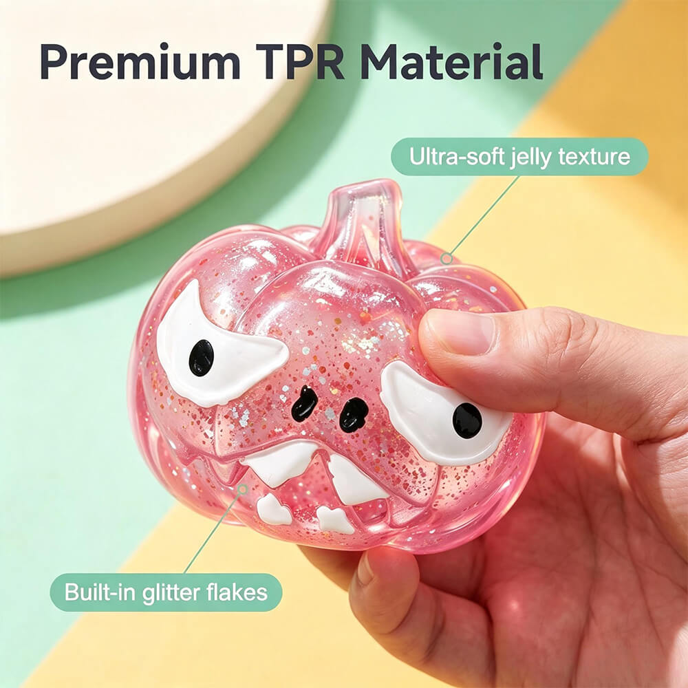 2.76‘’ Halloween Squishies Transparent Glitter Pumpkin TPR Slow Rebound Squishy Stress Relief Fidget Toy with Spooky Face