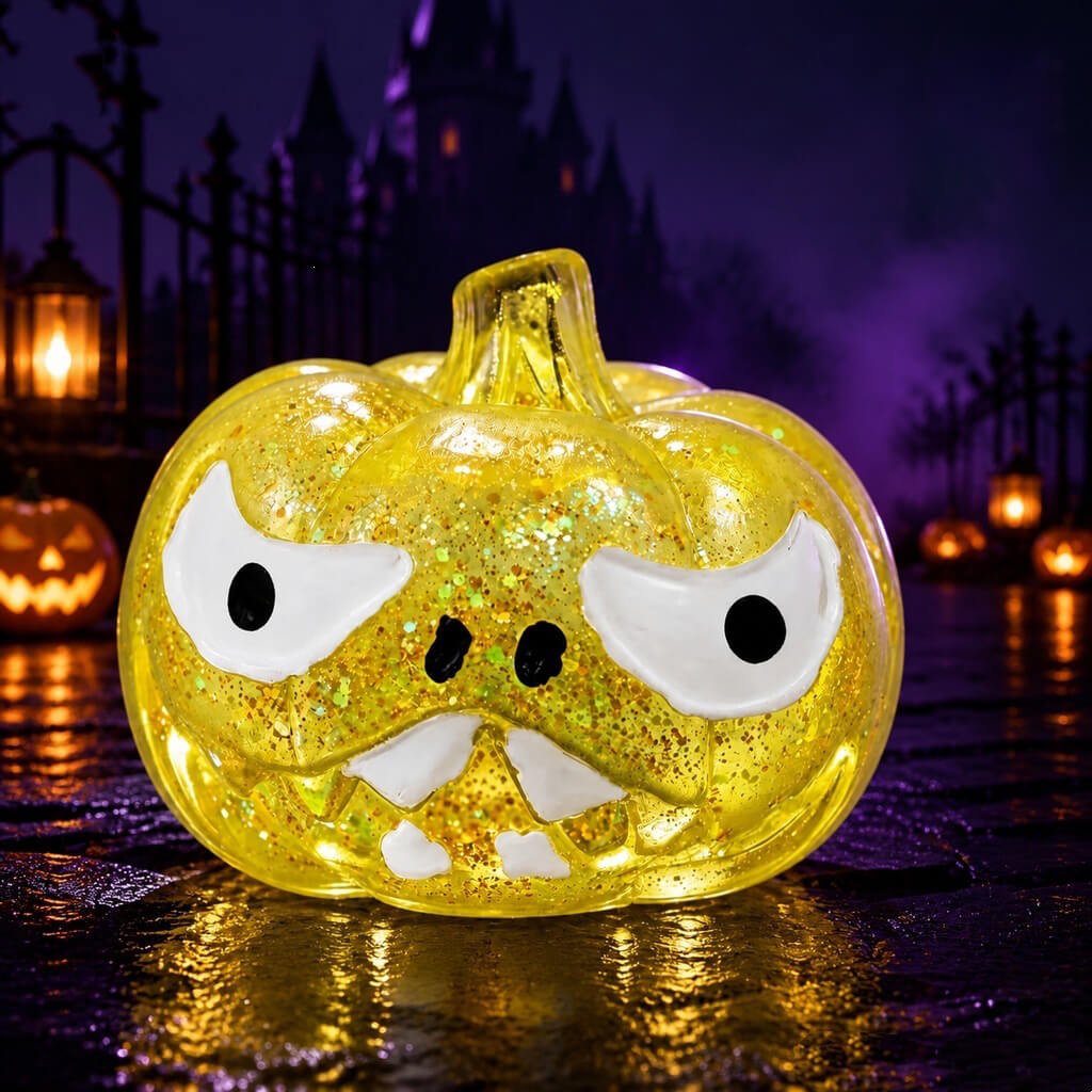 2.76‘’ Halloween Squishies Transparent Glitter Pumpkin TPR Slow Rebound Squishy Stress Relief Fidget Toy with Spooky Face