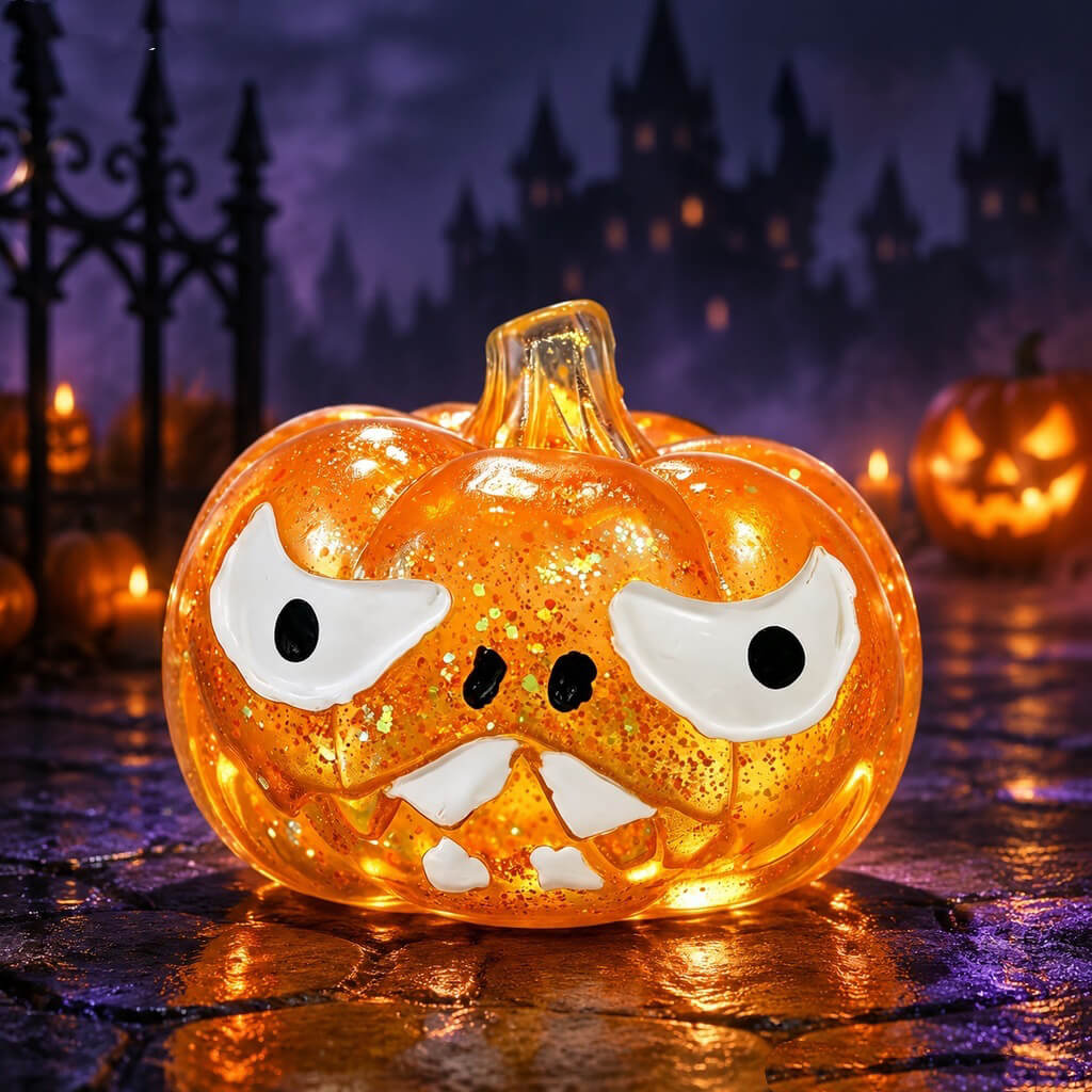 2.76‘’ Halloween Squishies Transparent Glitter Pumpkin TPR Slow Rebound Squishy Stress Relief Fidget Toy with Spooky Face