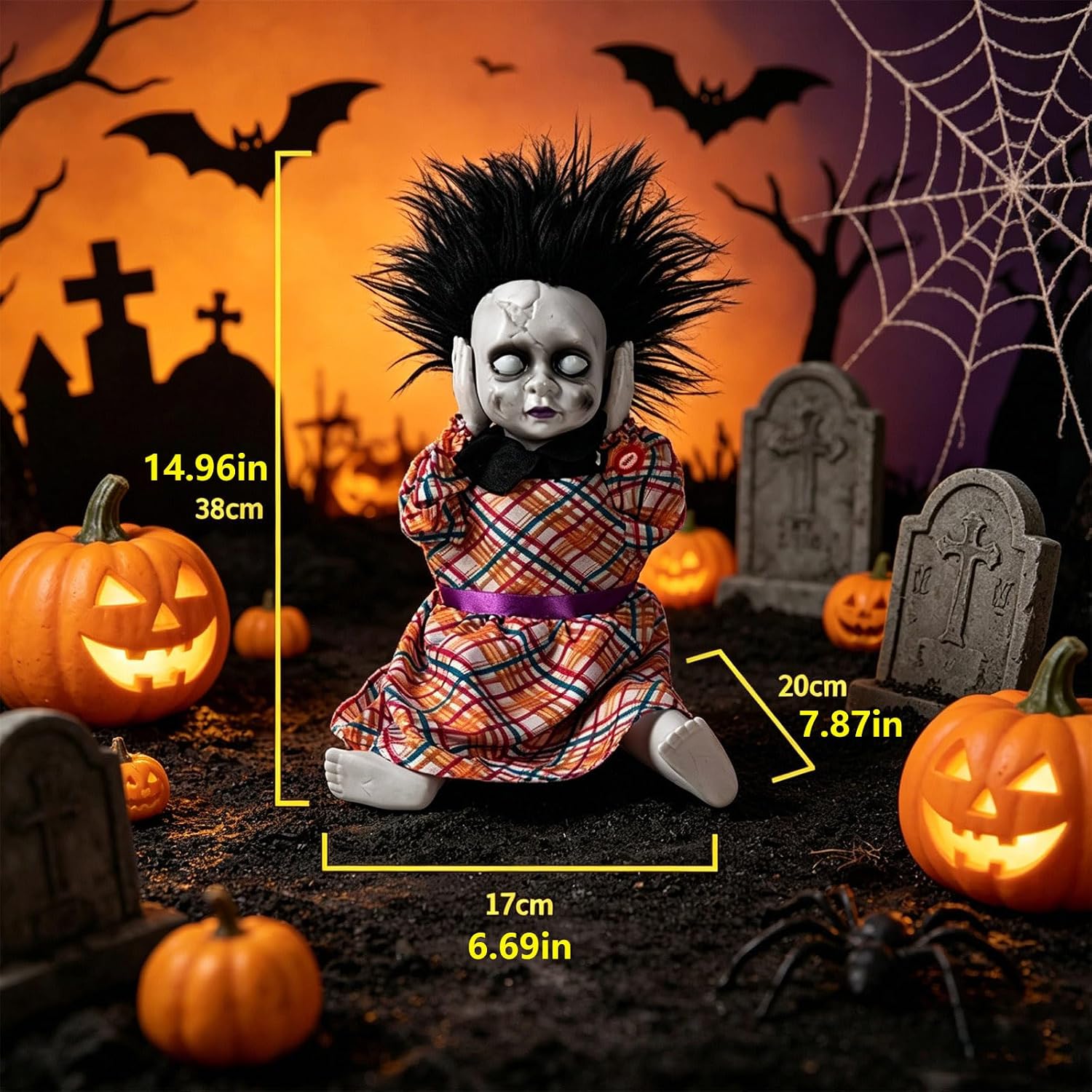 14.96'' Halloween Toy Electric Head‑Lifting Horror Doll with Light and Sound Halloween Decor Prop