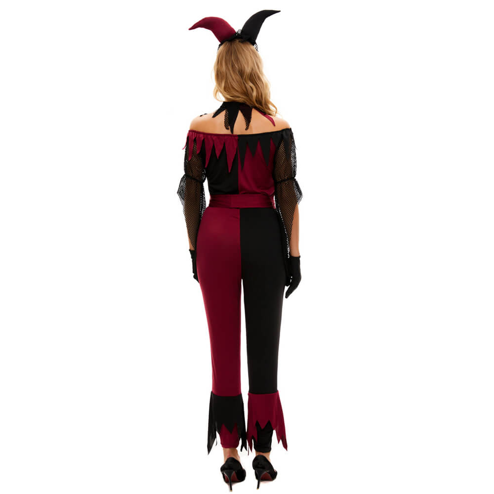Adult Harley Cosutme Super Villain Outfit Red and Black Jumpsuit w/ Accessories for Halloween