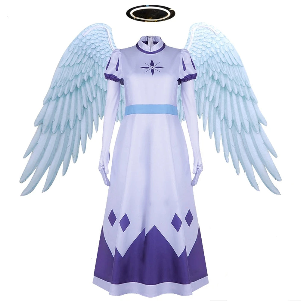 Emily Cosplay Costume Seraphim Dress Outfit Halloween Angel Halo Wing Women Fancy Uniform