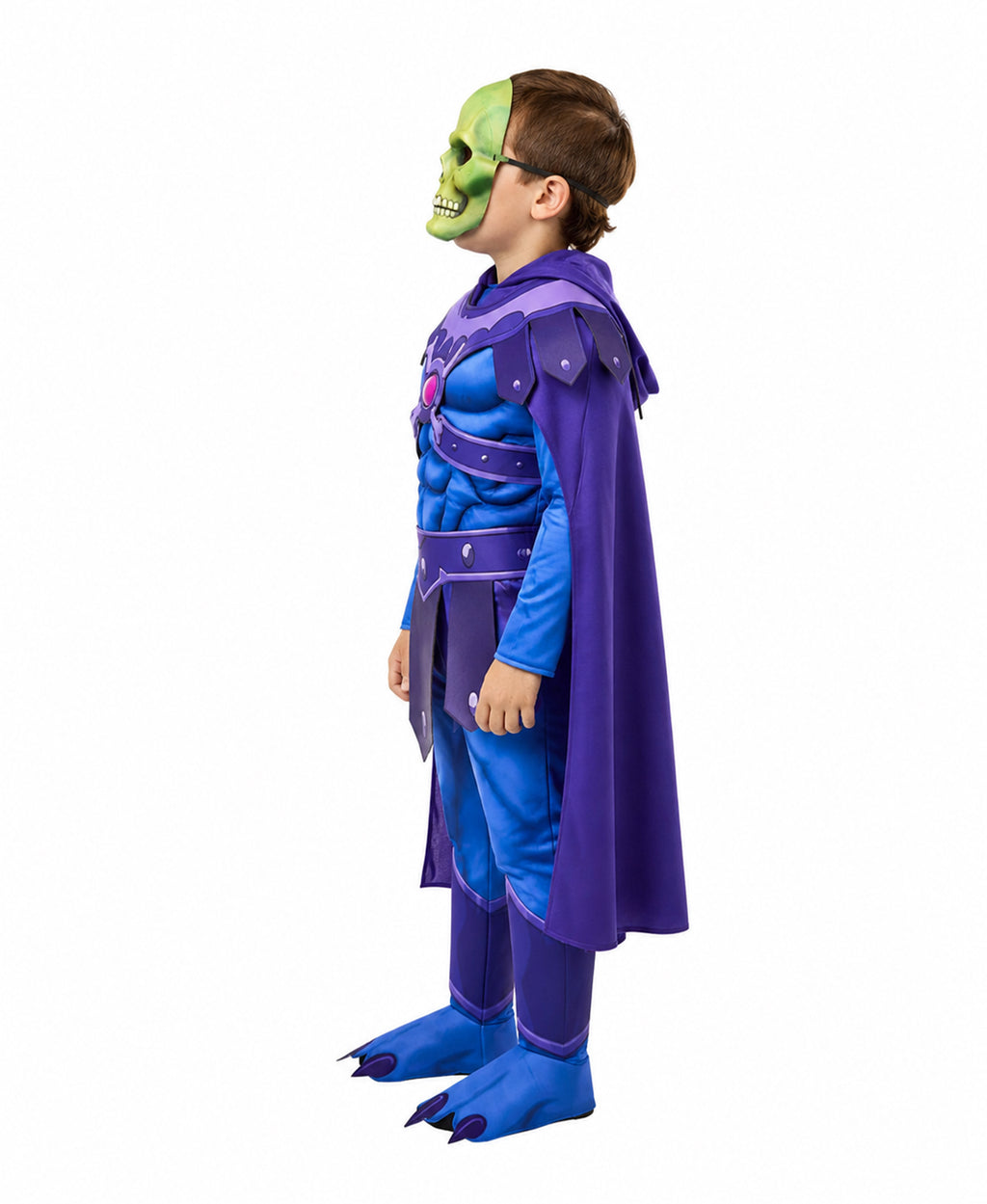 Kids Adults Skull Overlord Muscle Costume Purple Evil Skeleton Jumpsuit Set with Cloak Mask for Comic Con