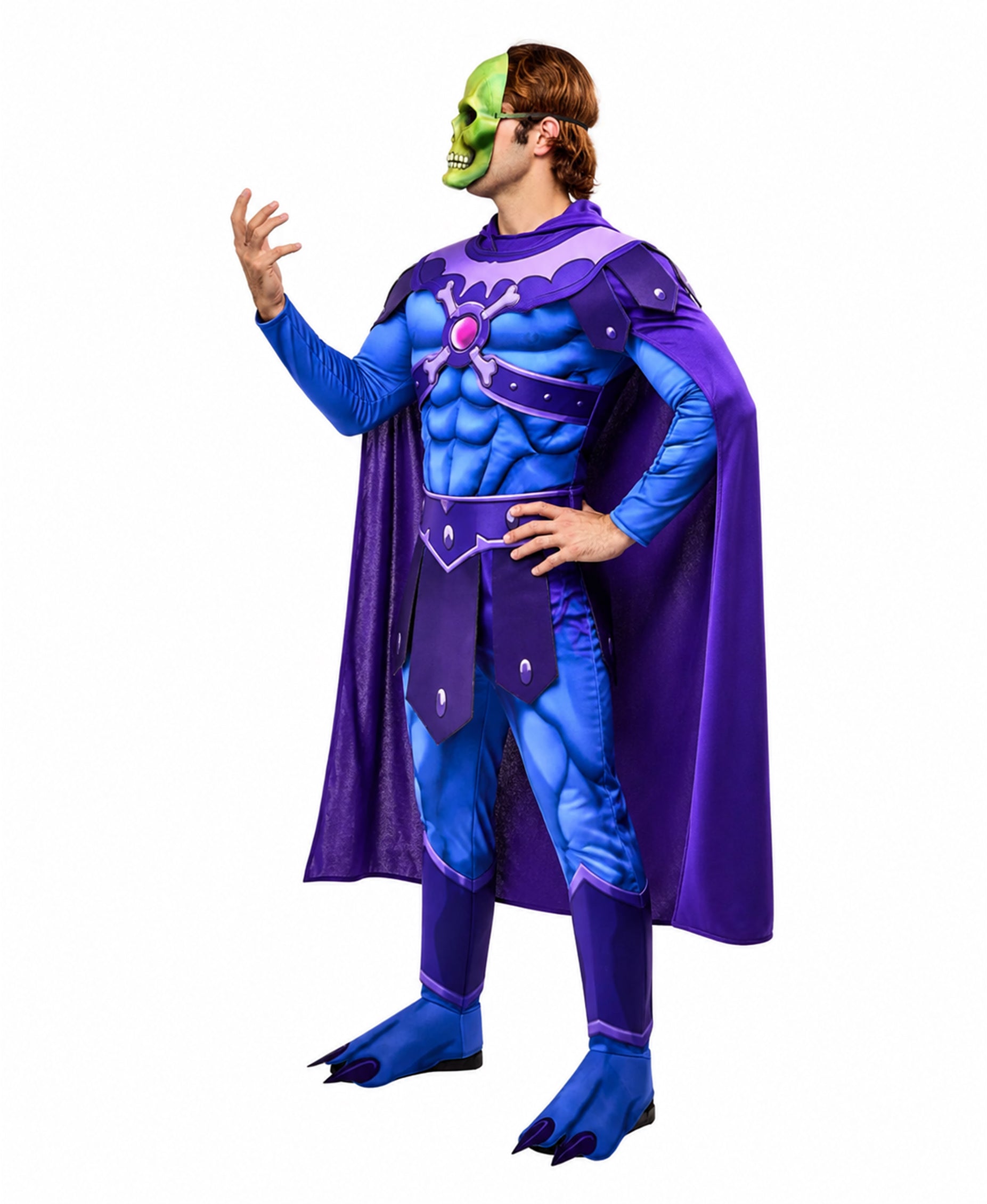 Kids Adults Skull Overlord Muscle Costume Purple Evil Skeleton Jumpsuit Set with Cloak Mask for Comic Con