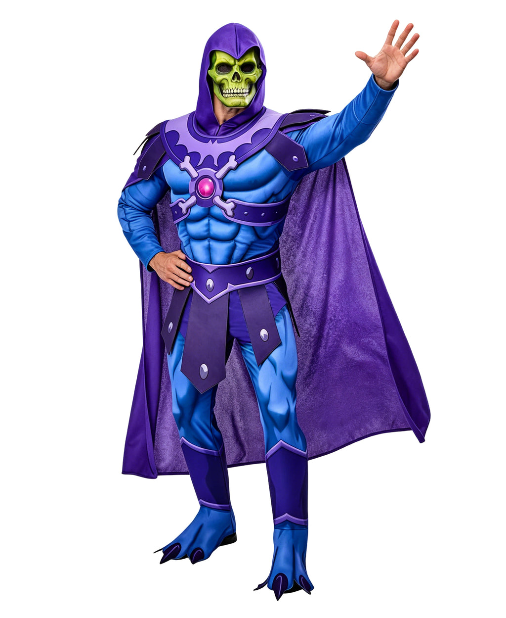 Kids Adults Skull Overlord Muscle Costume Purple Evil Skeleton Jumpsuit Set with Cloak Mask for Comic Con