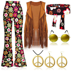 Women Hippie Costume 60s 70s Outfits Disco Fringe Vest Pants and Accessories 6pcs Suit