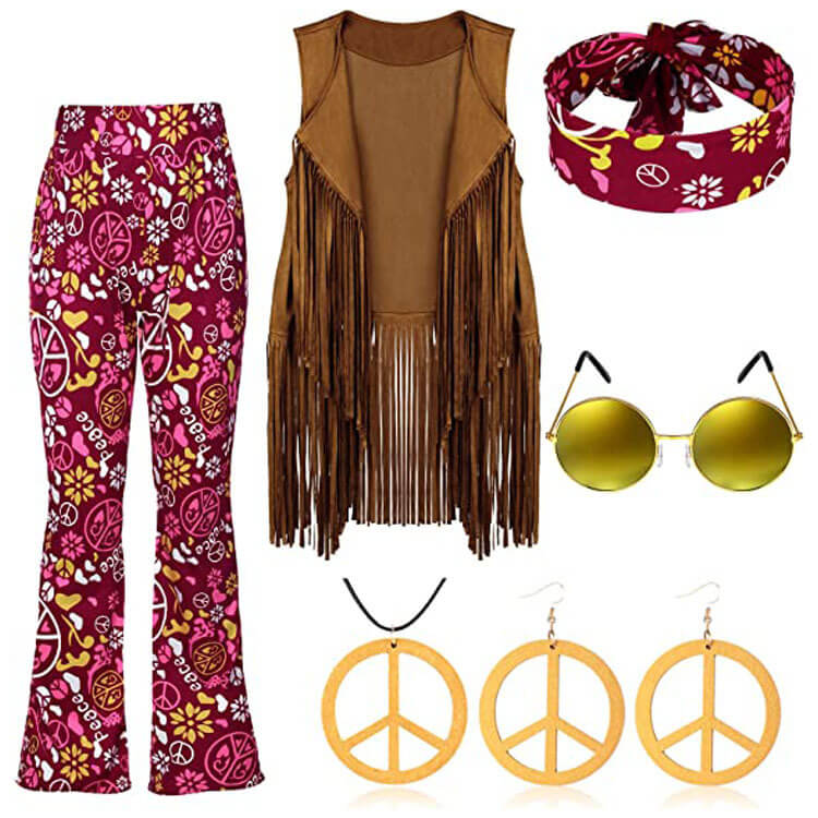 Women Hippie Costume 60s 70s Outfits Disco Fringe Vest Pants and Accessories 6pcs Suit