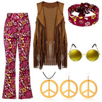 Women Hippie Costume 60s 70s Outfits Disco Fringe Vest Pants and Accessories 6pcs Suit
