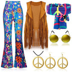 Women Hippie Costume 60s 70s Outfits Disco Fringe Vest Pants and Accessories 6pcs Suit