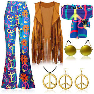 Women Hippie Costume 60s 70s Outfits Disco Fringe Vest Pants and Accessories 6pcs Suit