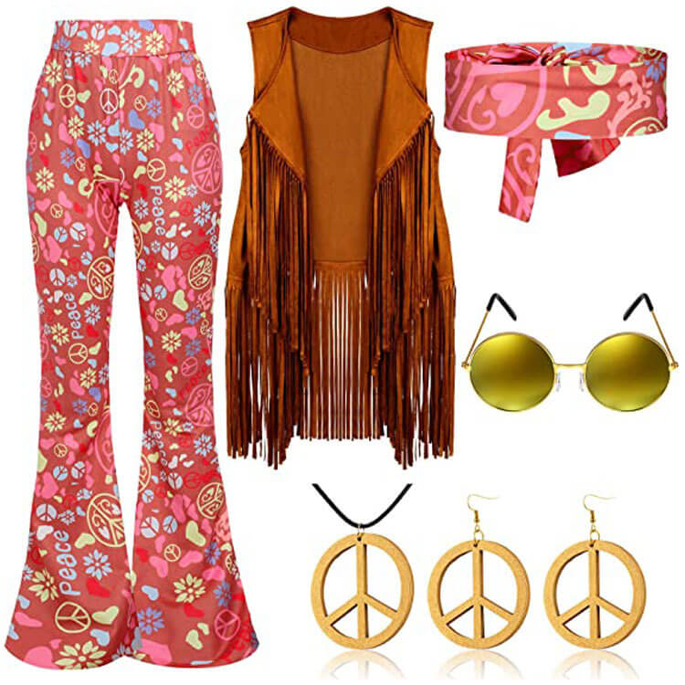 Women Hippie Costume 60s 70s Outfits Disco Fringe Vest Pants and Accessories 6pcs Suit