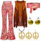 Women Hippie Costume 60s 70s Outfits Disco Fringe Vest Pants and Accessories 6pcs Suit