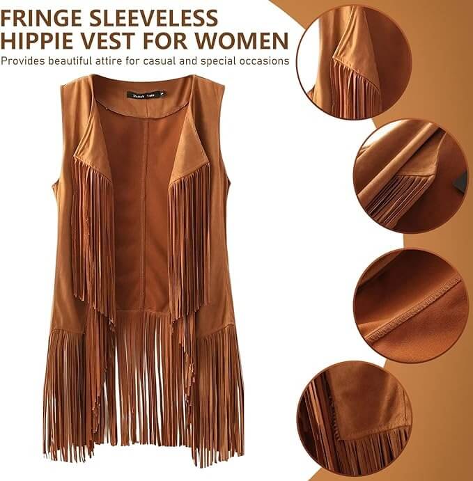 Women Hippie Costume 60s 70s Outfits Disco Fringe Vest Pants and Accessories 6pcs Suit
