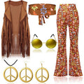 Women Hippie Costume 60s 70s Outfits Disco Fringe Vest Pants and Accessories 6pcs Suit