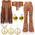 Women Hippie Costume 60s 70s Outfits Disco Fringe Vest Pants and Accessories 6pcs Suit