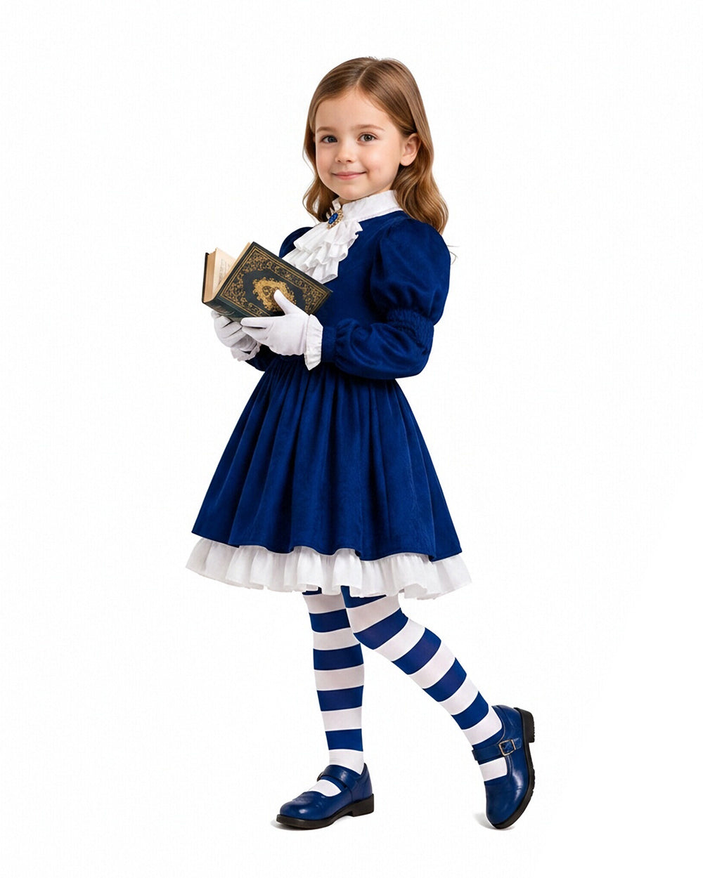 I Am Frankelda Costume Dark Blue Victorian Dress with Striped Socks Gloves for Girls Women Halloween Comic-Con