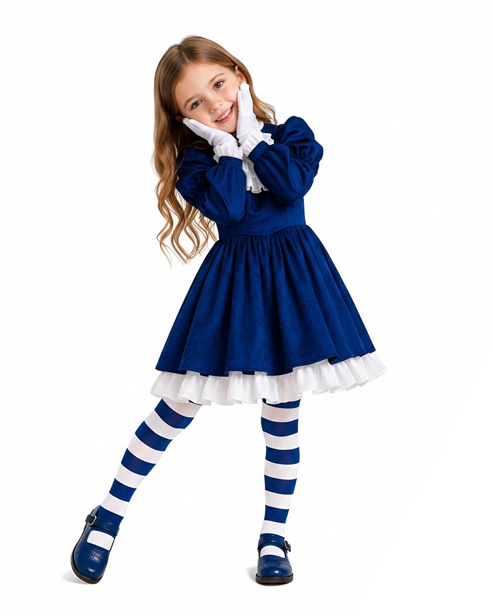I Am Frankelda Costume Dark Blue Victorian Dress with Striped Socks Gloves for Girls Women Halloween Comic-Con