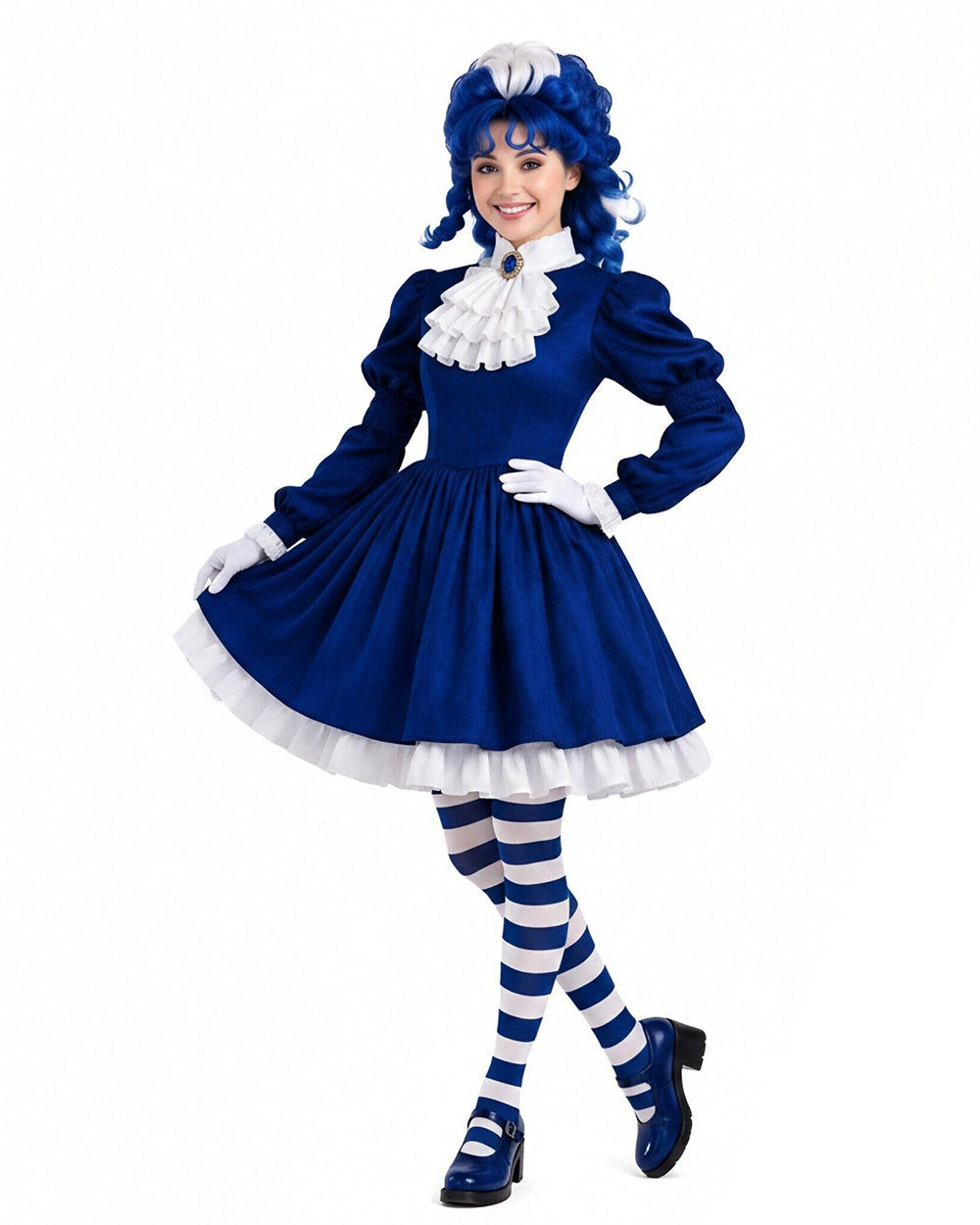 I Am Frankelda Costume Dark Blue Victorian Dress with Striped Socks Gloves for Girls Women Halloween Comic-Con