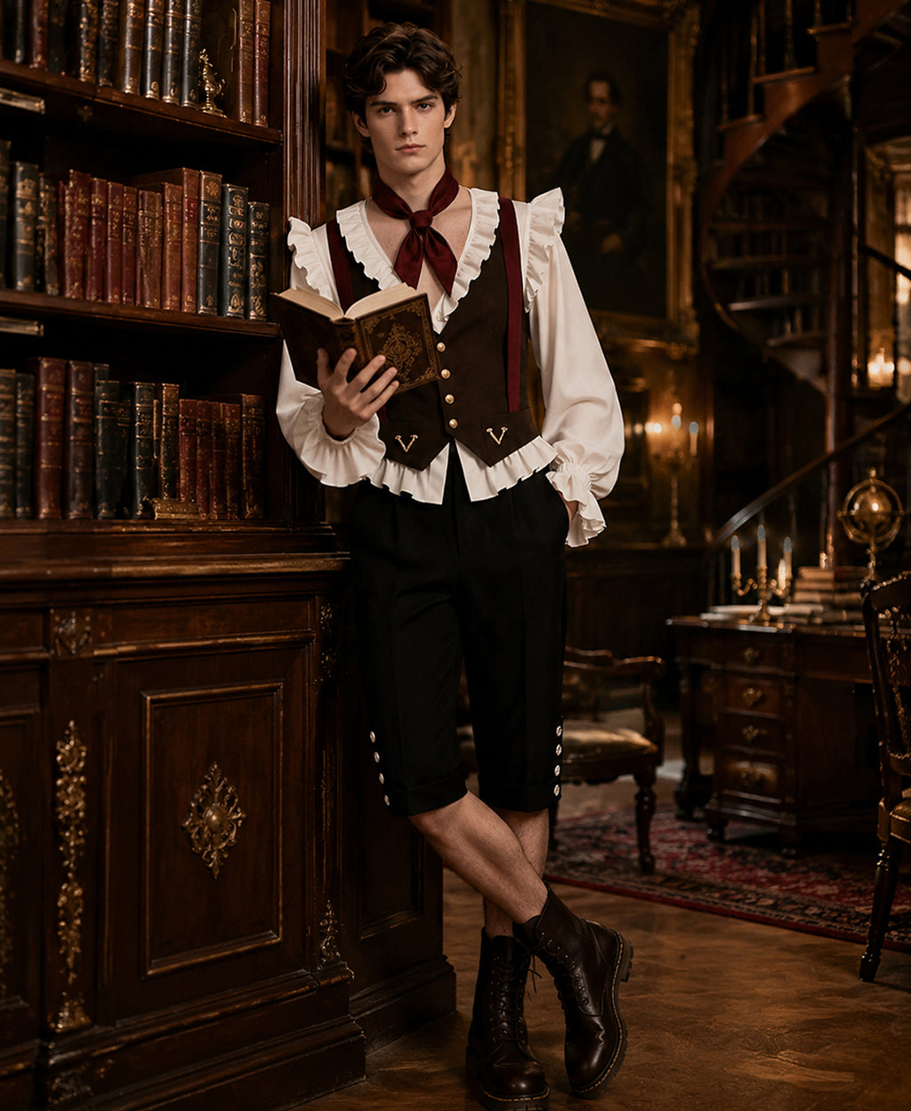 I Am Frankelda Herneval Costume Gothic Monster Prince White Ruffle Shirt Vest Pants Full Outfit for Boys Mens Halloween Carnival