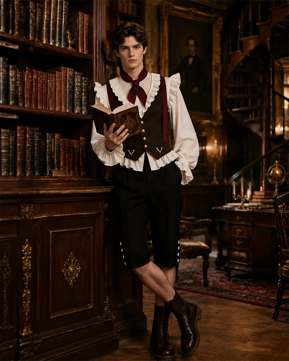 I Am Frankelda Herneval Costume Gothic Monster Prince White Ruffle Shirt Vest Pants Full Outfit for Boys Mens Halloween Carnival