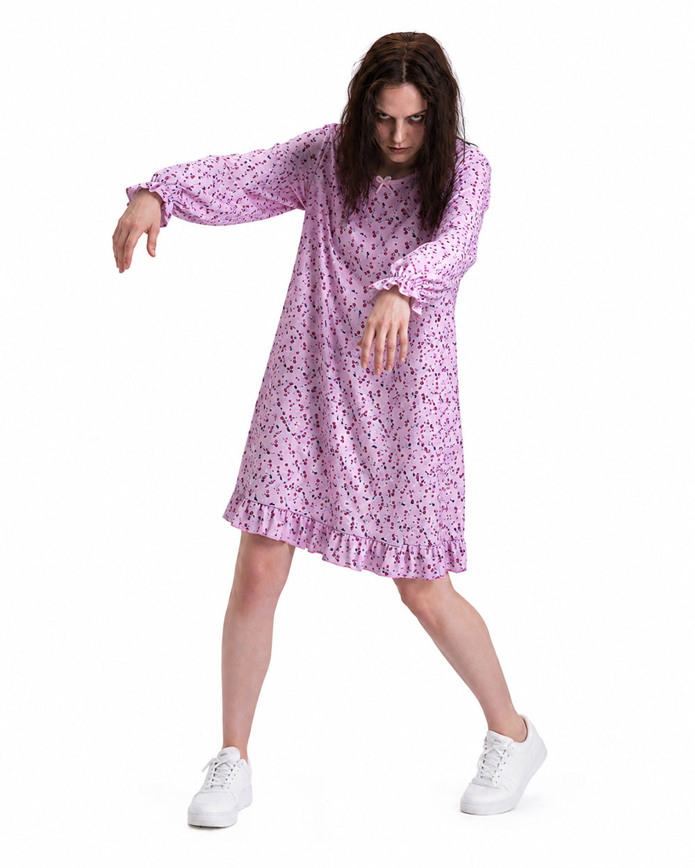 Creepy Ice Cream Girl Dress Pink Floral Vintage Nightgown with Ruffle Hem for Themed Cosplay