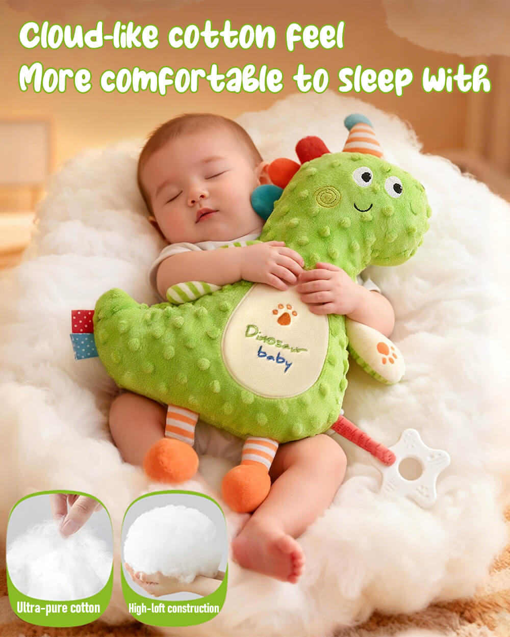 Infant Dino Comfort Doll Toy with Soothing Teether Toddler Security Plush Dino Soft Sleeping Toy