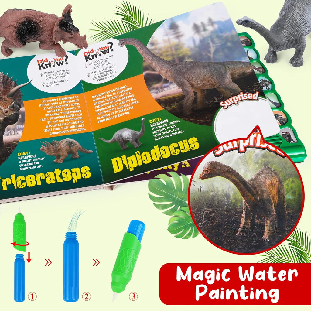 Interactive Dino Sound Book with 12 Dino Figures & Water Doodle Pen Educational Toy Set for Kids 3+