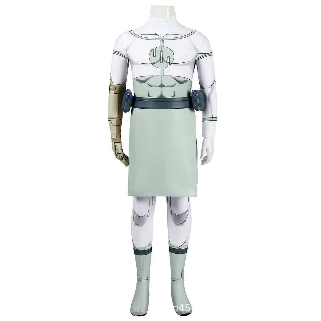 Viltrumite Costume White Warrior Muscle Print Bodysuit with Loincloth and Waist Bag for Roleplay