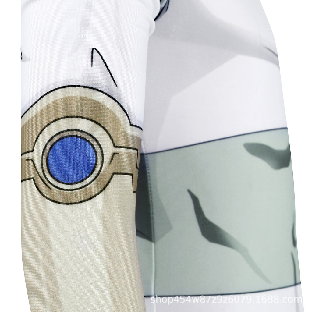 Viltrumite Costume White Warrior Muscle Print Bodysuit with Loincloth and Waist Bag for Roleplay