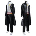 JJBA Cosplay Costume Black Unisex Qtaro PU Leather Long Coat Pants Outfit