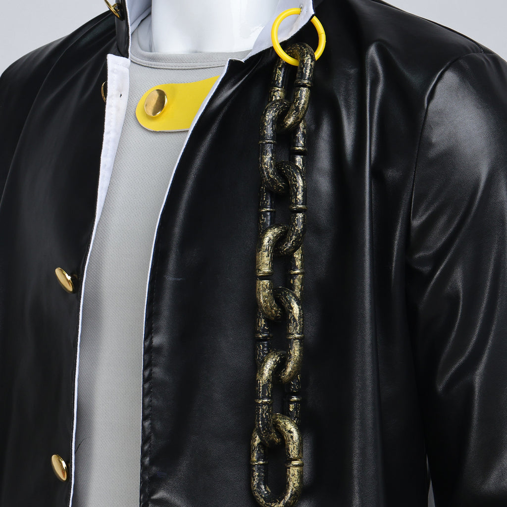 JJBA Cosplay Costume Black Unisex Qtaro PU Leather Long Coat Pants Outfit