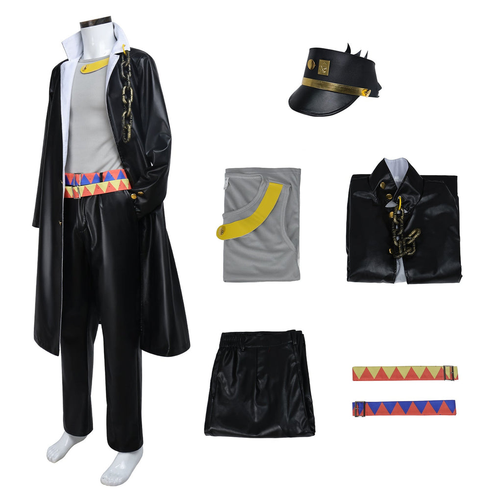 JJBA Cosplay Costume Black Unisex Qtaro PU Leather Long Coat Pants Outfit