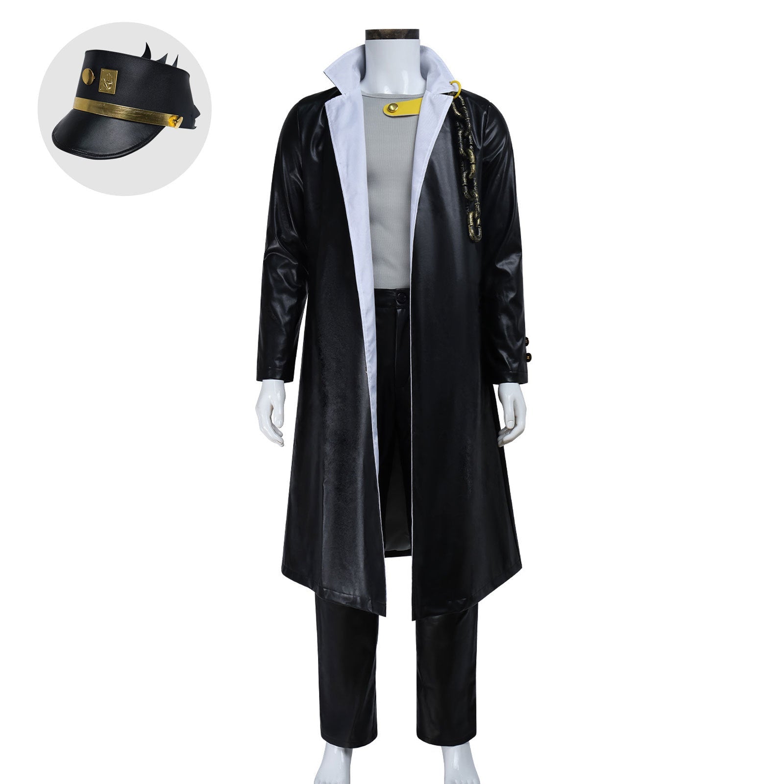 JJBA Cosplay Costume Black Unisex Qtaro PU Leather Long Coat Pants Outfit