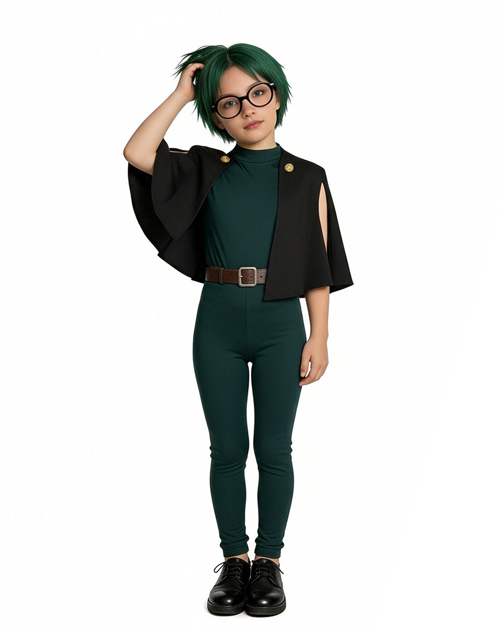 Maki Costume Dark Green Sorceress Outfit Jumpsuit with Black Cape and Belt